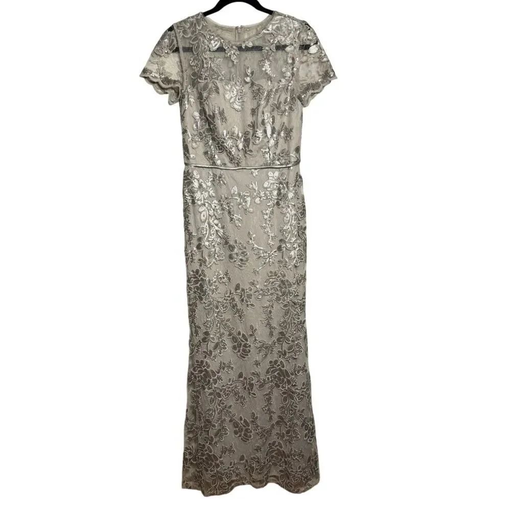 Oleg Cassini Lace Appliqué Cap-Sleeve Long Sheath Dress Women's Sz. 6 - Picture 2 of 7